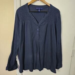 Bandolino Womens XXL Popover V Navy Roll Tab Sleeve Gauze Casual Raw Hemline